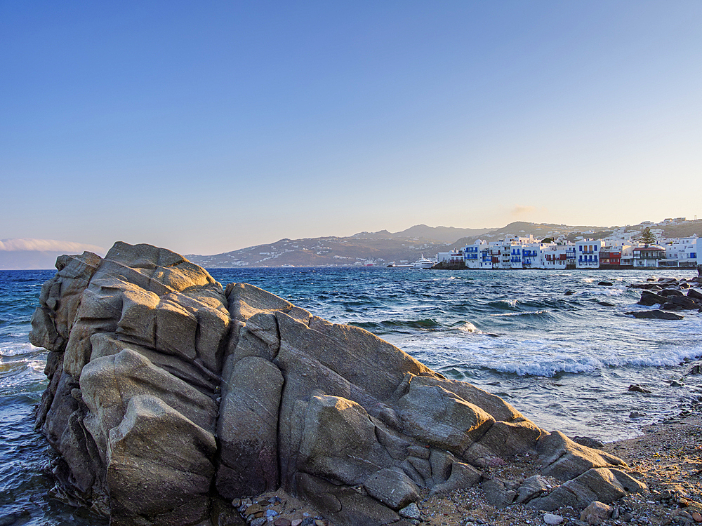 Rocky coast of Mykonos Town, Mykonos Island, Cyclades, Greek Islands, Greece, Europe