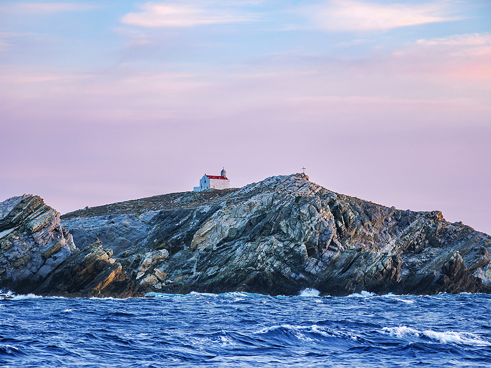 Church of St. George at Mpaos Islet near Mykonos Island, sunset, Cyclades, Greek Islands, Greece, Europe