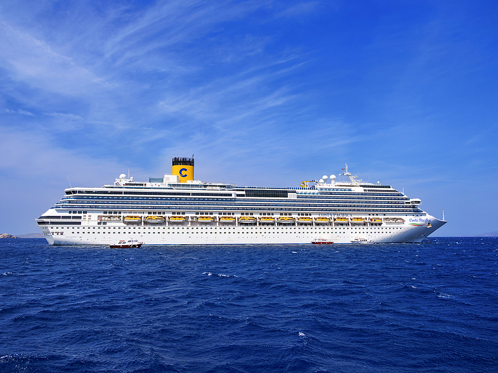 Cruise Ship off the coast of Mykonos Island, Cyclades, Greek Islands, Greece, Europe