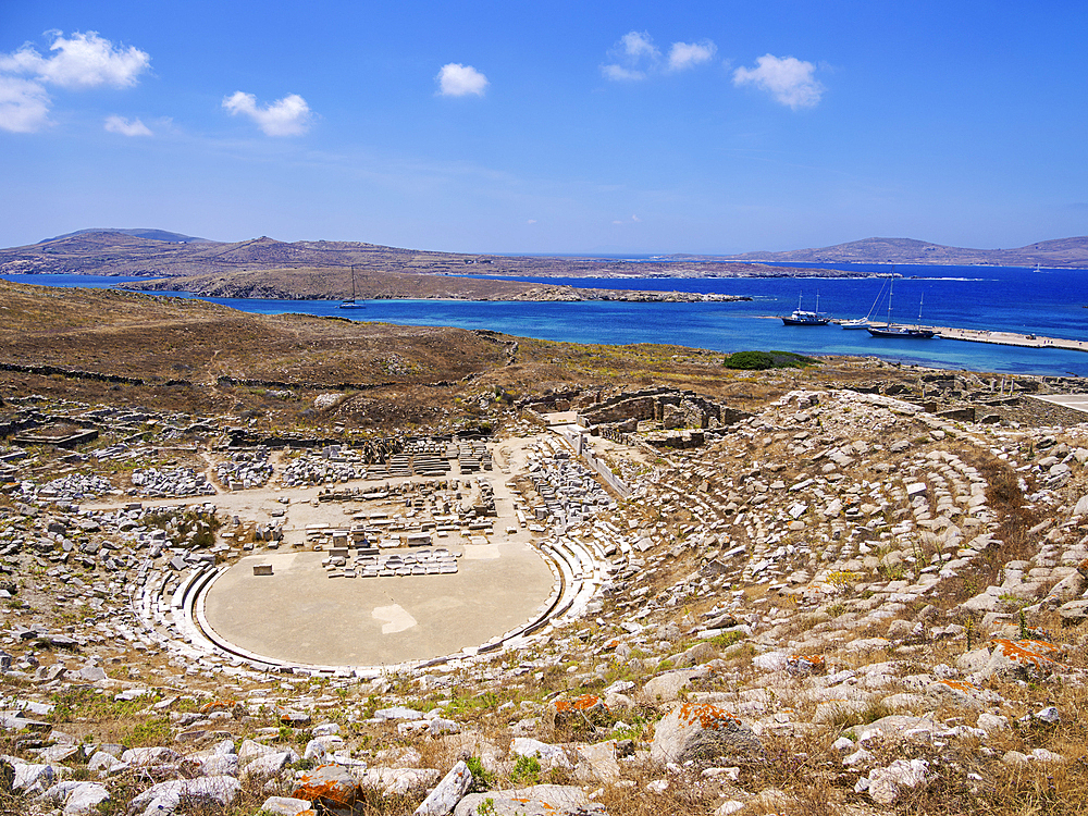 Ancient Theatre, Delos Archaeological Site, UNESCO World Heritage Site, Delos Island, Cyclades, Greek Islands, Greece, Europe