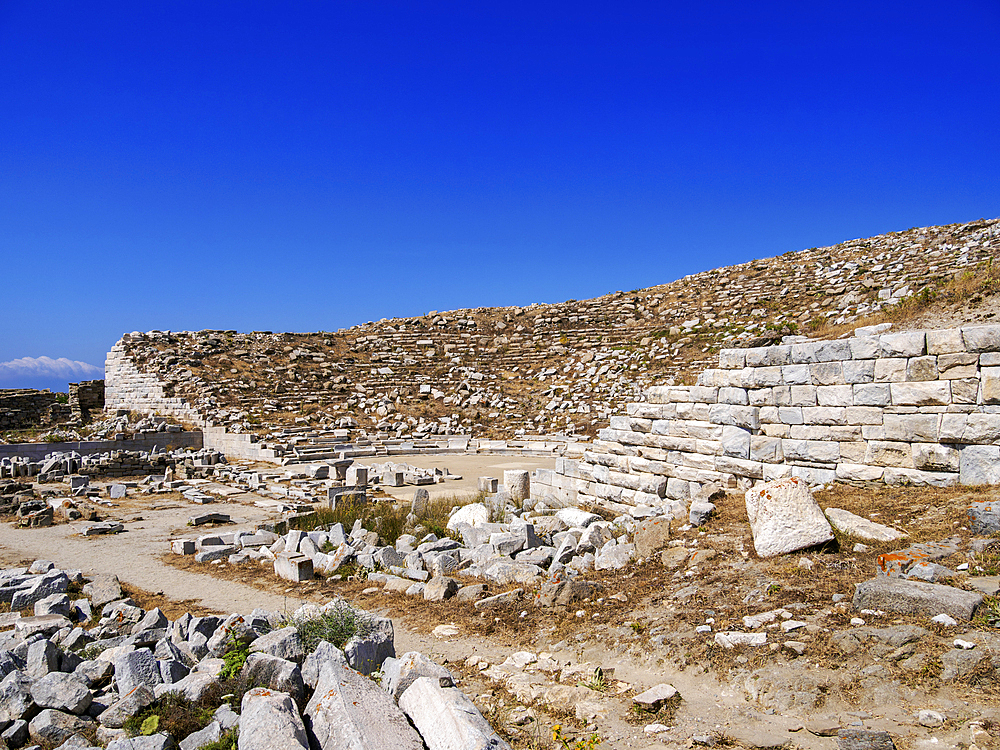 Ancient Theatre, Delos Archaeological Site, UNESCO World Heritage Site, Delos Island, Cyclades, Greek Islands, Greece, Europe