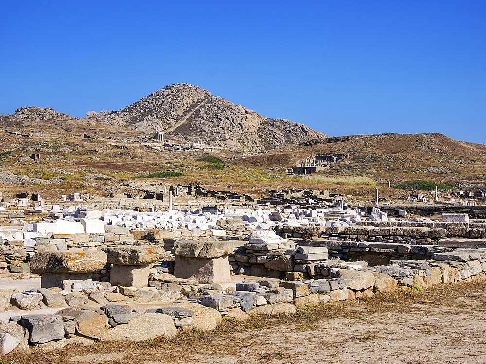 View towards the Mount Kynthos, Delos Archaeological Site, UNESCO World Heritage Site, Delos Island, Cyclades, Greek Islands, Greece, Europe