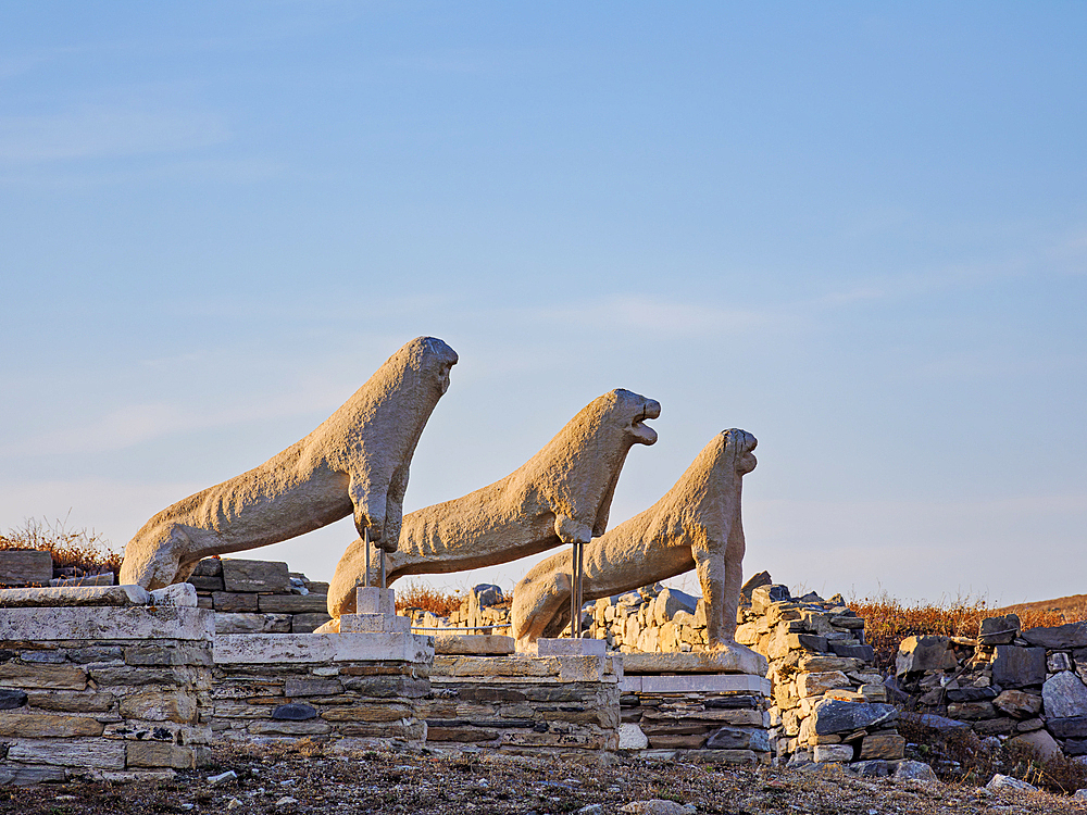 The Terrace of the Lions at sunset, Delos Archaeological Site, UNESCO World Heritage Site, Delos Island, Cyclades, Greek Islands, Greece, Europe