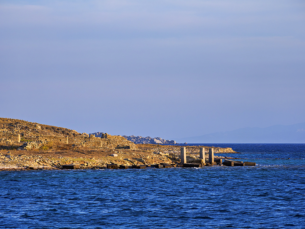 Waterfront of Delos Archaeological Site at sunset, UNESCO World Heritage Site, Delos Island, Cyclades, Greek Islands, Greece, Europe