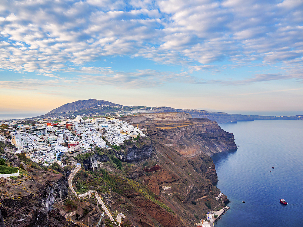 Cityscape of Fira at sunrise, Santorini (Thira) Island, Cyclades, Greek Islands, Greece, Europe