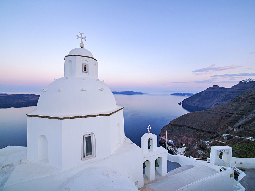 Church of Agios Minas at dawn, Fira, Santorini (Thira) Island, Cyclades, Greek Islands, Greece, Europe