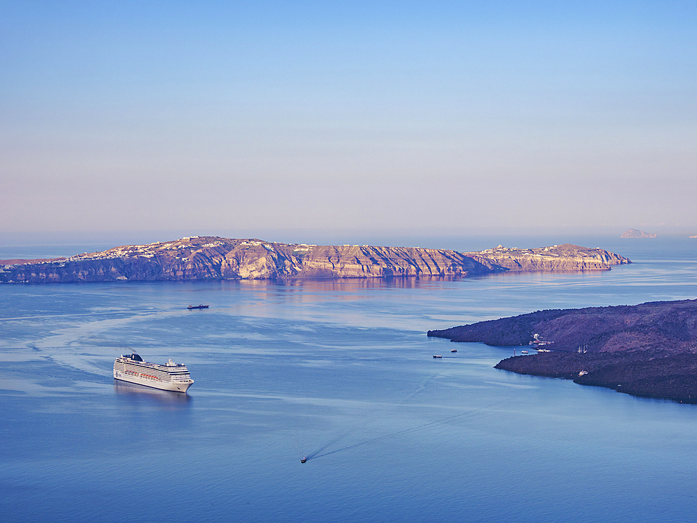 Cruise Ship at the caldera seen from Fira, Santorini (Thira) Island, Cyclades, Greek Islands, Greece, Europe