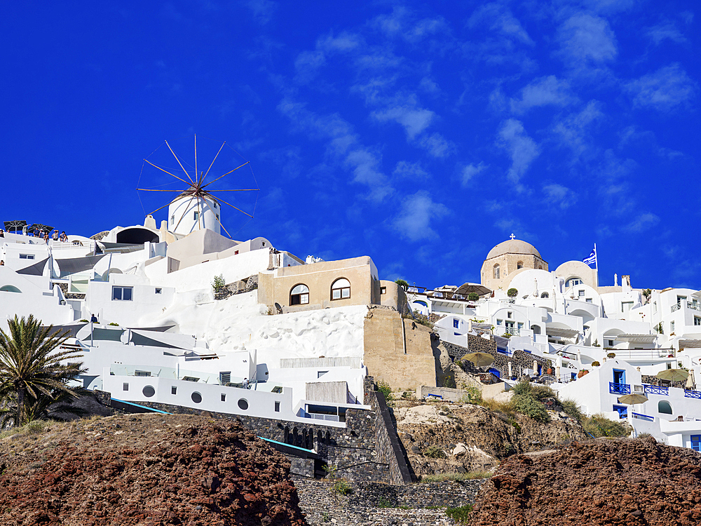 Oia Village, low angle view, Santorini (Thira) Island, Cyclades, Greek Islands, Greece, Europe