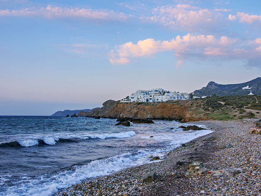 Grotta Beach at dusk, Chora, Naxos City, Naxos Island, Cyclades, Greek Islands, Greece, Europe