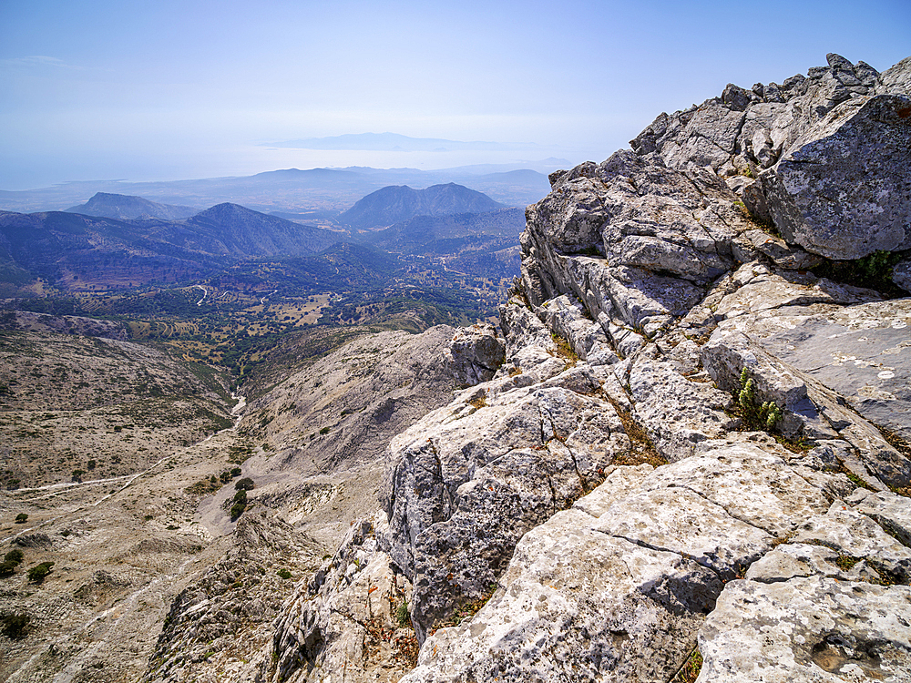 Landscape seen from the peak of Mount Zas (Zeus), Naxos Island, Cyclades, Greek Islands, Greece, Europe