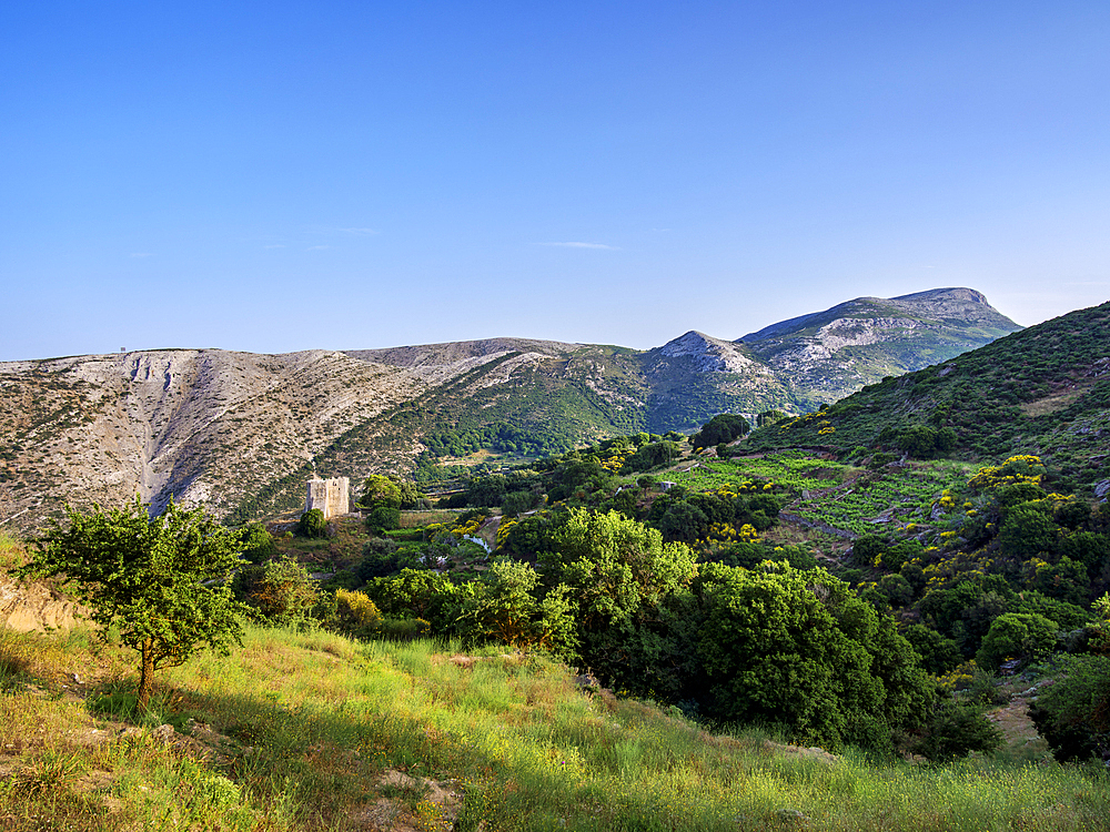 View towards the Monastery of Fotodoti and Mount Zas (Zeus), Naxos Island, Cyclades, Greek Islands, Greece, Europe