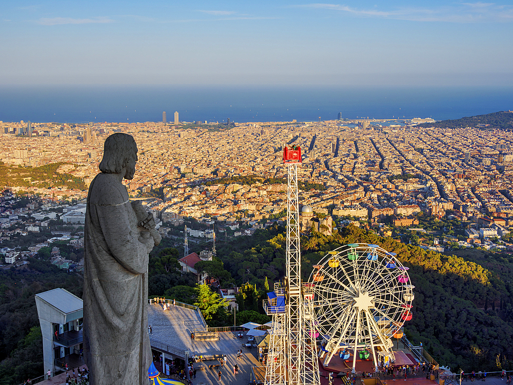 Tibidabo Amusement Park at sunset, elevated view, Mount Tibidabo, Barcelona, Catalonia, Spain, Europe