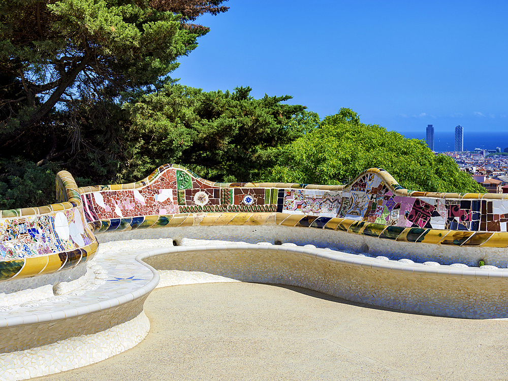 Mosaic Serpentine Bench at the Main Terrace, Park Guell, UNESCO World Heritage Site, Barcelona, Catalonia, Spain, Europe