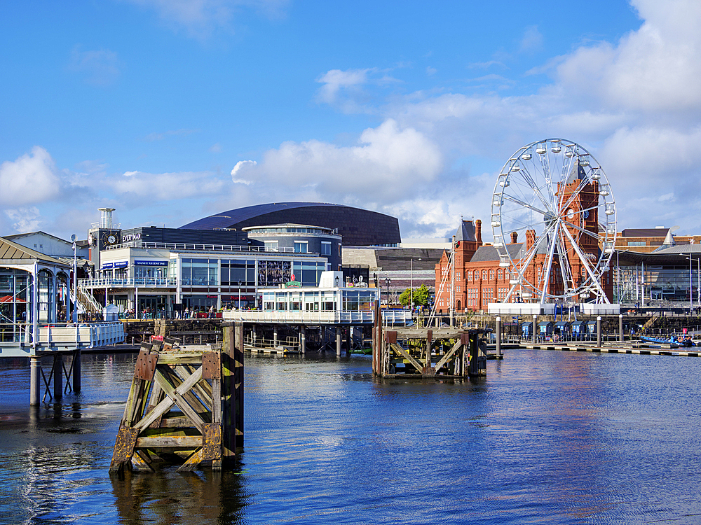 View towards Ferris Wheel and Pierhead Building, Cardiff, Wales, United Kingdom, Europe