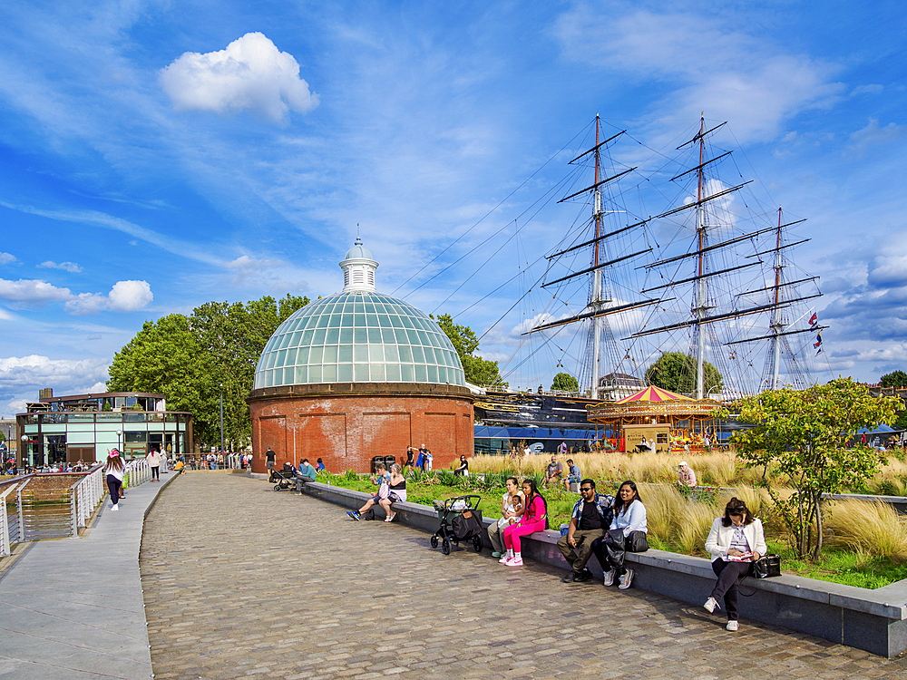 Greenwich Foot Tunnel south entrance and Cutty Sark British Clipper Ship, Greenwich, London, England, United Kingdom, Europe