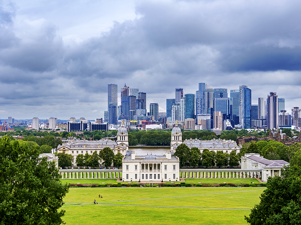 View over Greenwich Park towards Queen's House, Old Royal Naval College and Canary Wharf, Greenwich, London, England, United Kingdom