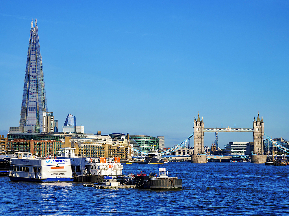 View over River Thames towards Tower Bridge and The Shard, London, England, United Kingdom, Europe