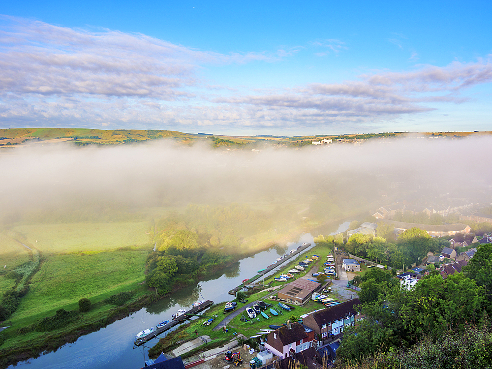 River Ouse and mist, elevated view, Lewes, East Sussex, England, United Kingdom, Europe