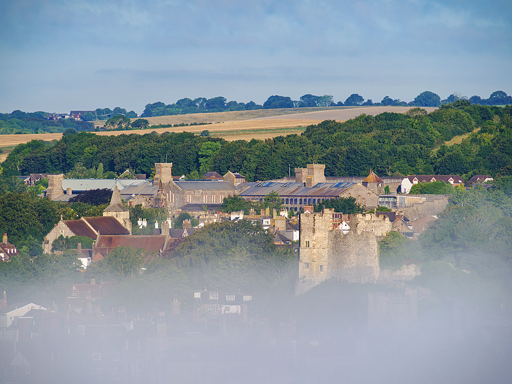 View towards Lewes Castle on a foggy morning, Lewes, East Sussex, England, United Kingdom, Europe