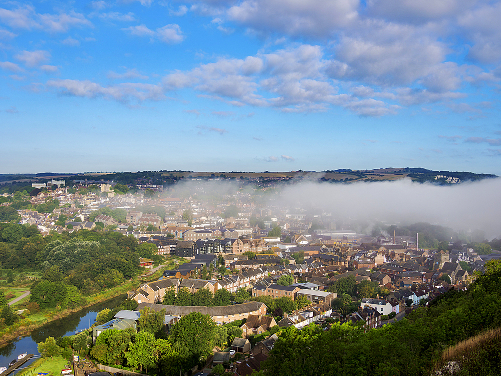 Townscape on a foggy morning, Lewes, East Sussex, England, United Kingdom, Europe