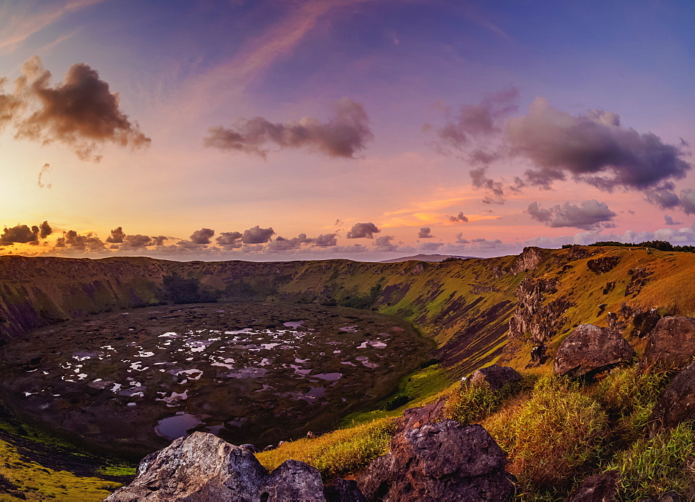 Crater of Rano Kau Volcano at sunset, Easter Island, Chile, South America