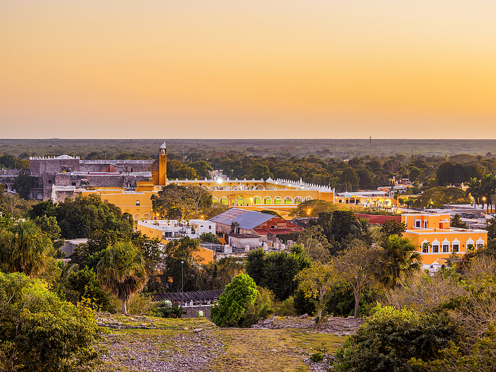 Convent of San Antonio de Padua at dusk, elevated view, Izamal, Yucatan State, Mexico