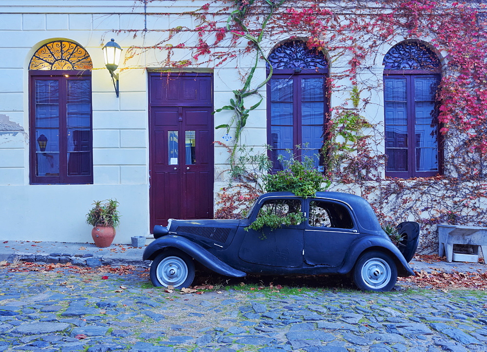 Vintage car on the cobblestone lane of the historic quarter, Colonia del Sacramento, Colonia Department, Uruguay, South America