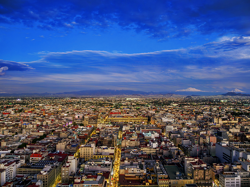 View towards the Old Town and Zocalo at dusk, Mexico City, Mexico