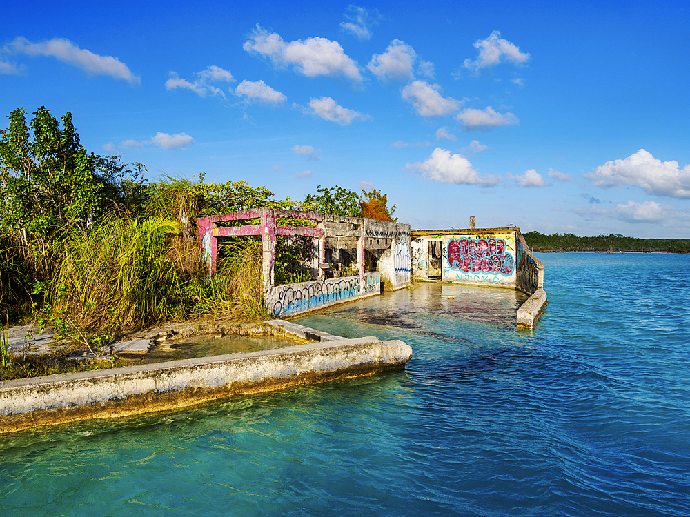 Shipwreck Restaurant Ruins at the entrance to the Pirate Canal, Bacalar Lagoon, Bacalar, Quintana Roo State, Mexico