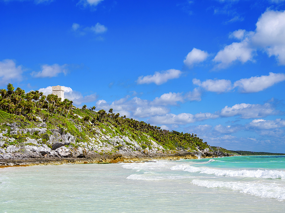 View over Paradise Beach towards the Tulum Lighthouse, Tulum, Quintana Roo State, Mexico
