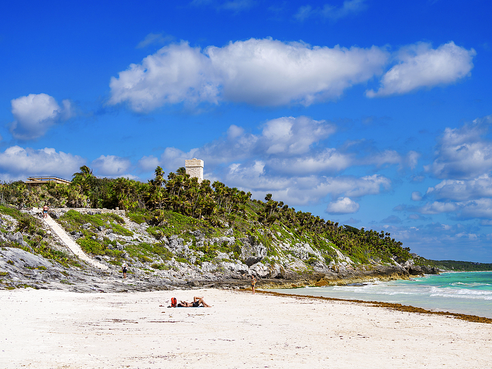 View over Paradise Beach towards the Tulum Lighthouse, Tulum, Quintana Roo State, Mexico