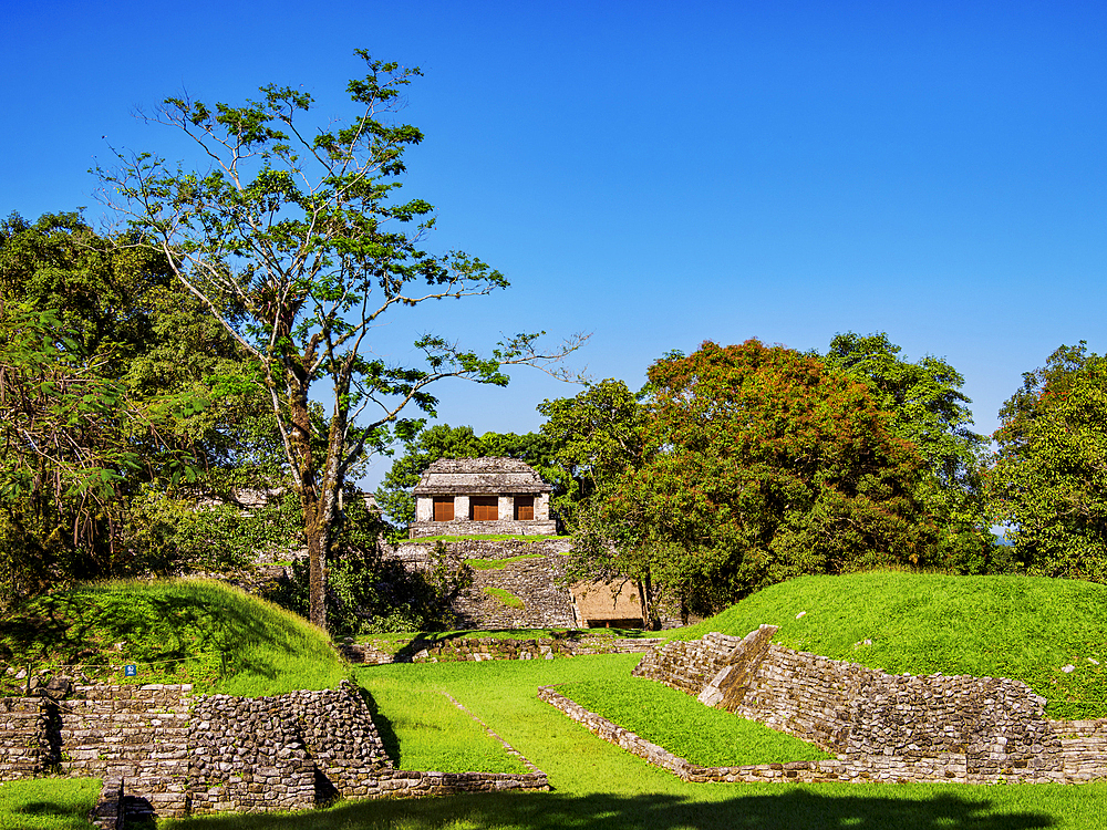 View over the Ball Court towards the North Group, Palenque Archaeological Site, Palenque, Chiapas State, Mexico