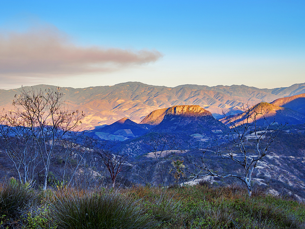 Landscape seen from Hierve el Agua at sunset, San Lorenzo Albarradas, Oaxaca State, Mexico