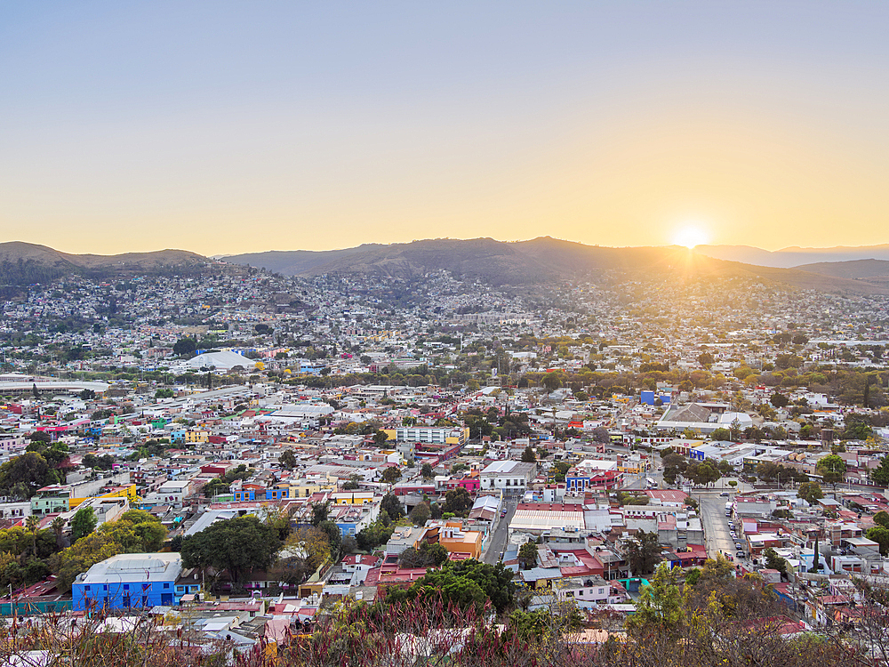 Cityscape seen from Cerro del Fortin at sunset, Oaxaca de Juarez, Oaxaca State, Mexico