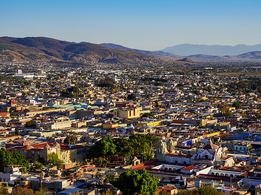 Cityscape seen from Cerro del Fortin at sunset, Oaxaca de Juarez, Oaxaca State, Mexico