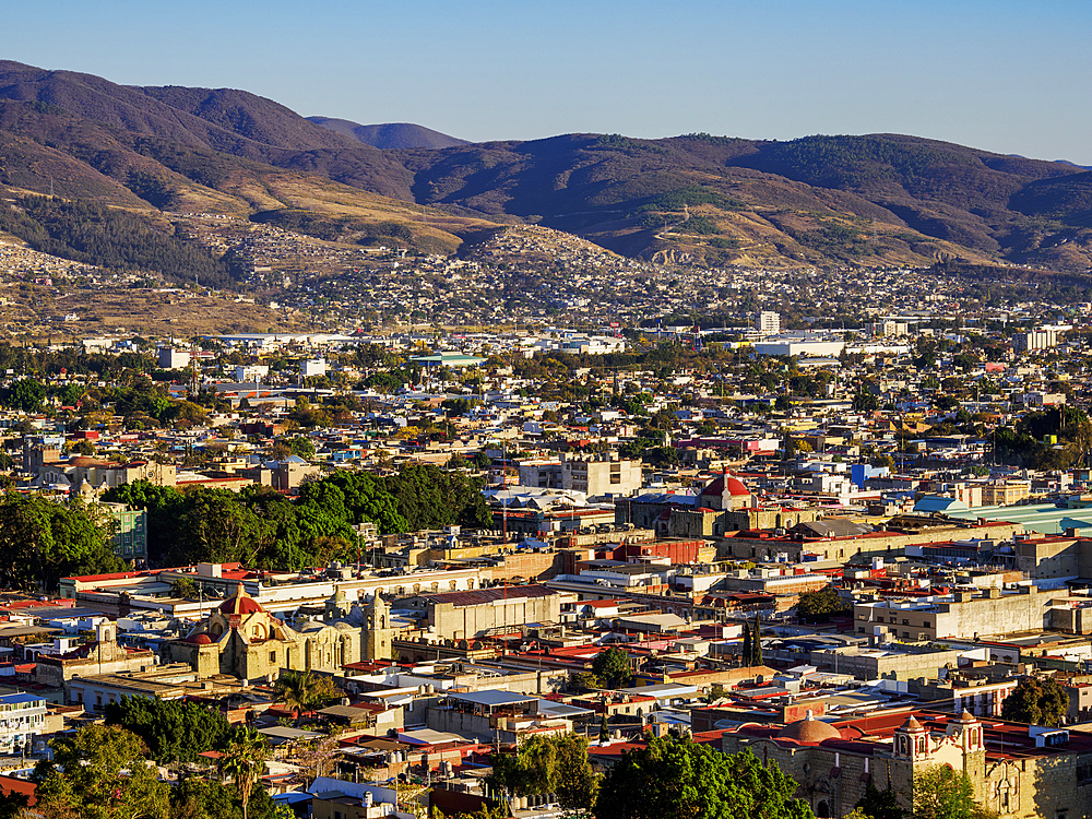 Cityscape seen from Cerro del Fortin at sunset, Oaxaca de Juarez, Oaxaca State, Mexico