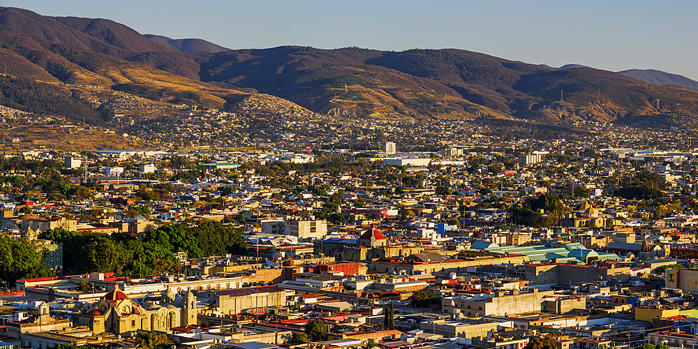 Cityscape seen from Cerro del Fortin at sunset, Oaxaca de Juarez, Oaxaca State, Mexico