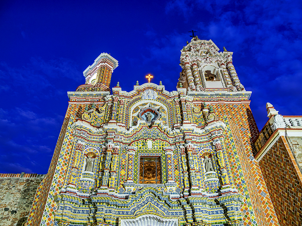 Church of San Francisco Acatepec at dusk, Cholula, Puebla State, Mexico