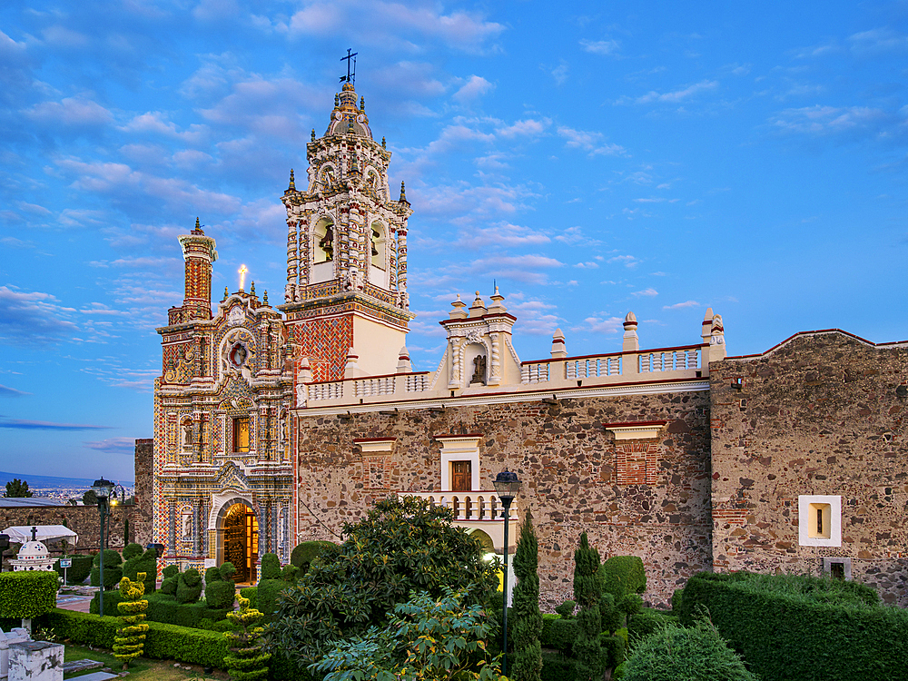 Church of San Francisco Acatepec at dusk, Cholula, Puebla State, Mexico