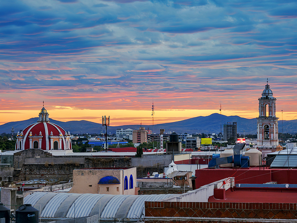 View towards the San Jeronimo Church at sunset, City of Puebla, Puebla State, Mexico