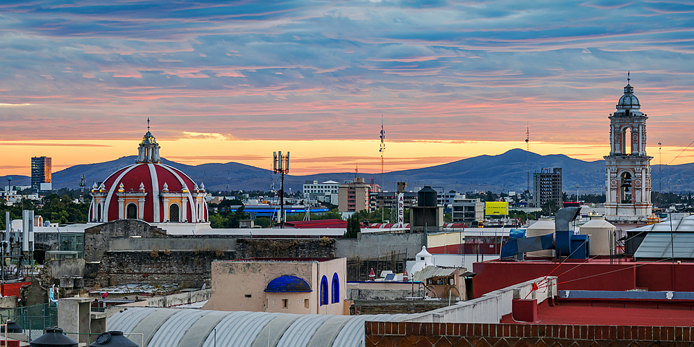 View towards the San Jeronimo Church at sunset, City of Puebla, Puebla State, Mexico