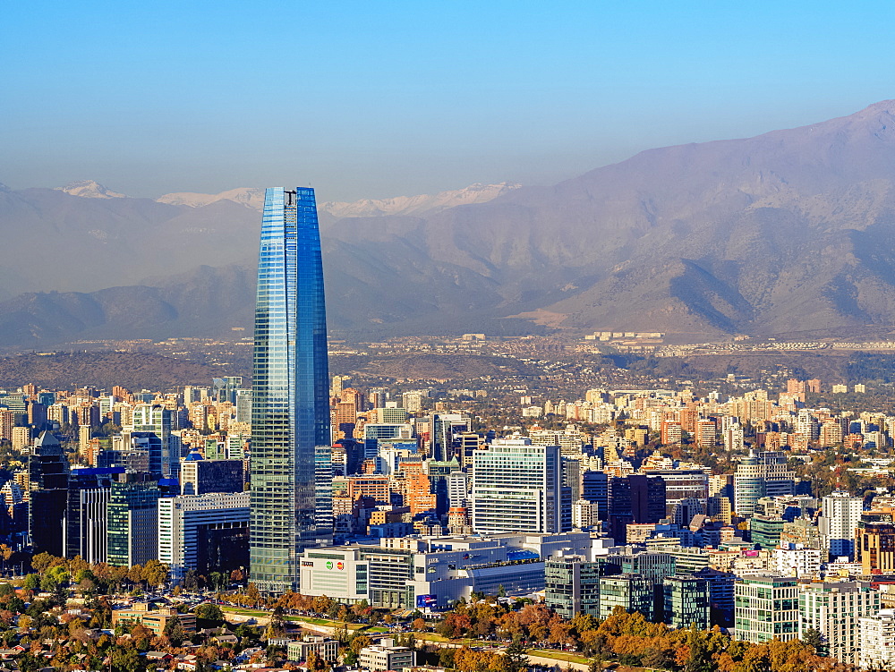 Providencia with Gran Torre Santiago seen from the Metropolitan Park, Santiago, Chile, South America