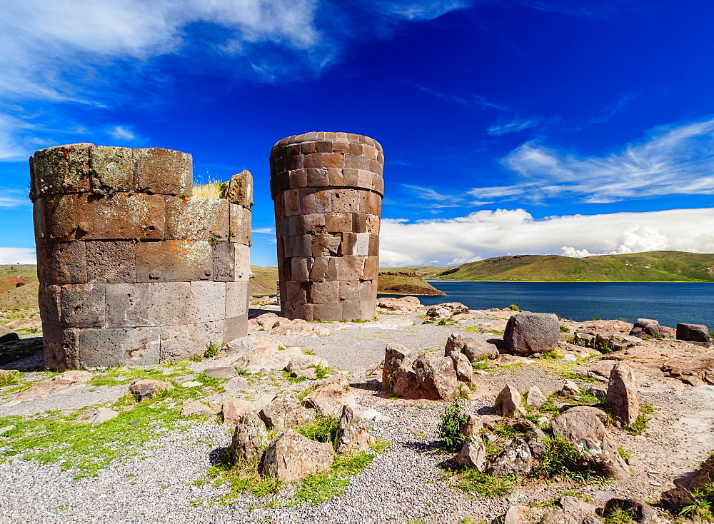 Chullpas by the Lake Umayo in Sillustani, Puno Region, Peru, South America