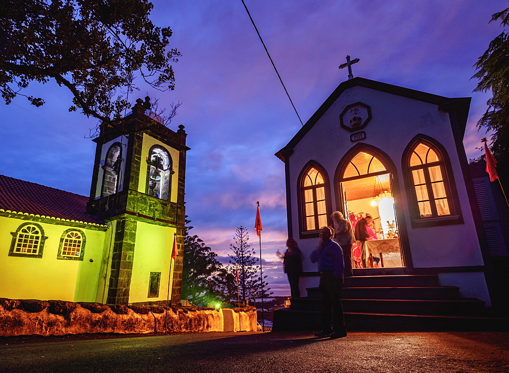 Church and Imperio de Espirito Santo in Manadas, twilight, Sao Jorge Island, Azores, Portugal, Atlantic, Europe