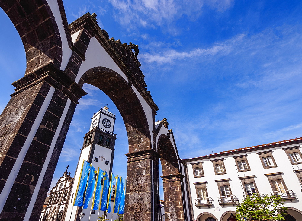 City Gates and Main Church, Ponta Delgada, Sao Miguel Island, Azores, Portugal, Atlantic, Europe