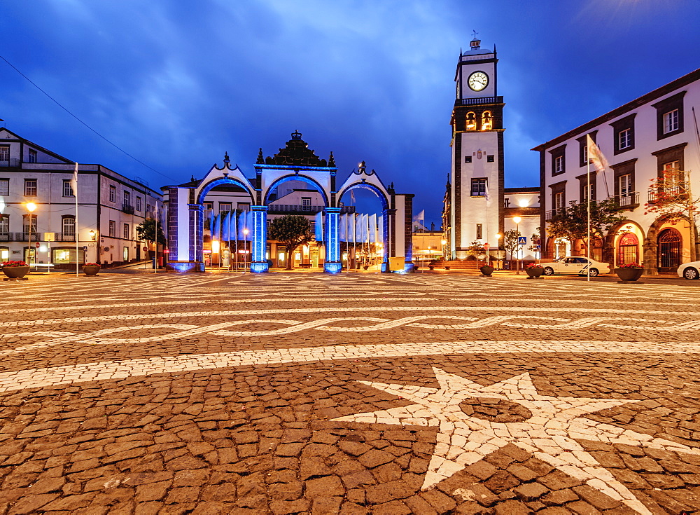 City Gates and Main Church, twilight, Ponta Delgada, Sao Miguel Island, Azores, Portugal, Atlantic, Europe