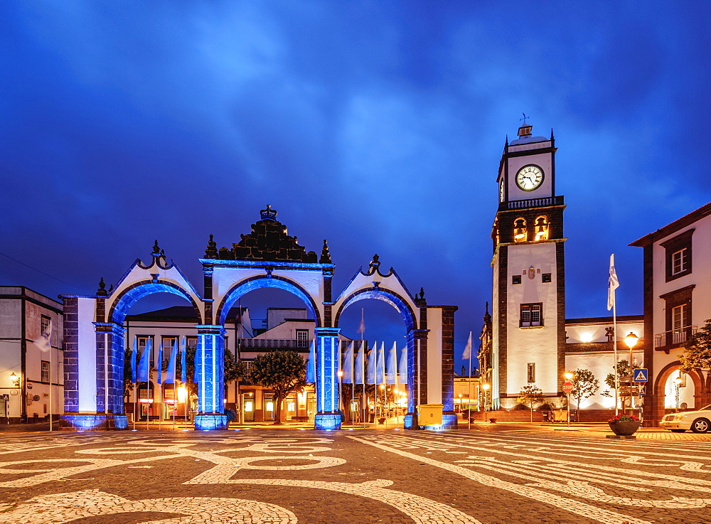 City Gates and Main Church, twilight, Ponta Delgada, Sao Miguel Island, Azores, Portugal, Atlantic, Europe