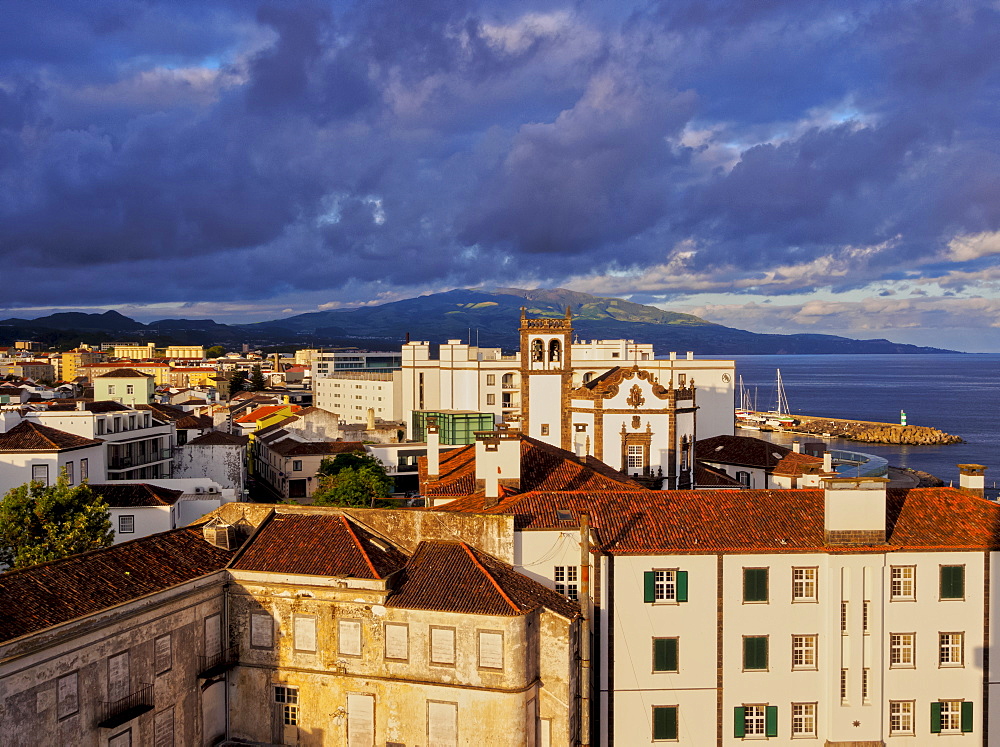 Ponta Delgada at sunset, elevated view, Sao Miguel Island, Azores, Portugal, Atlantic, Europe