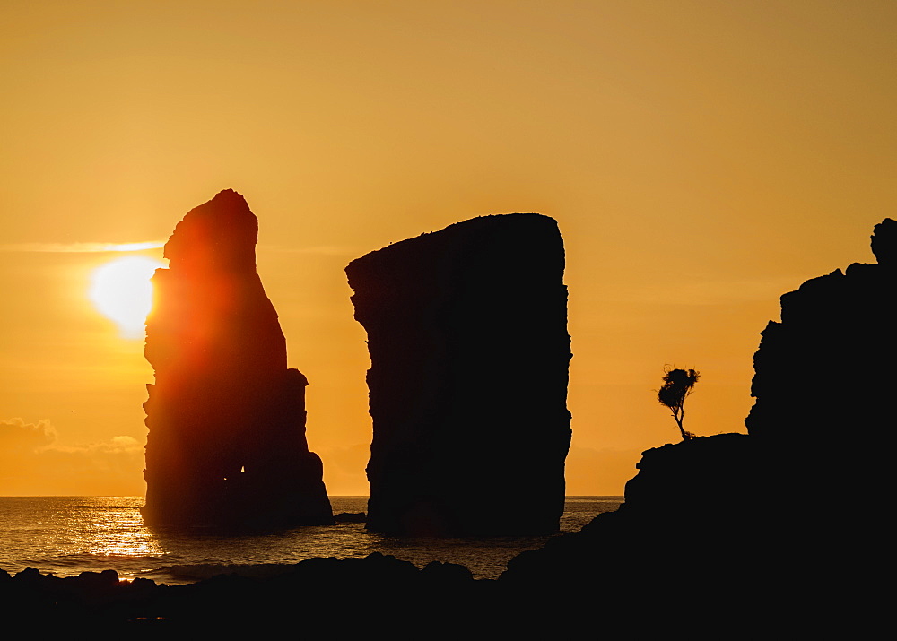 Sunset over the Ilheus dos Mosteiros, Sao Miguel Island, Azores, Portugal, Atlantic, Europe