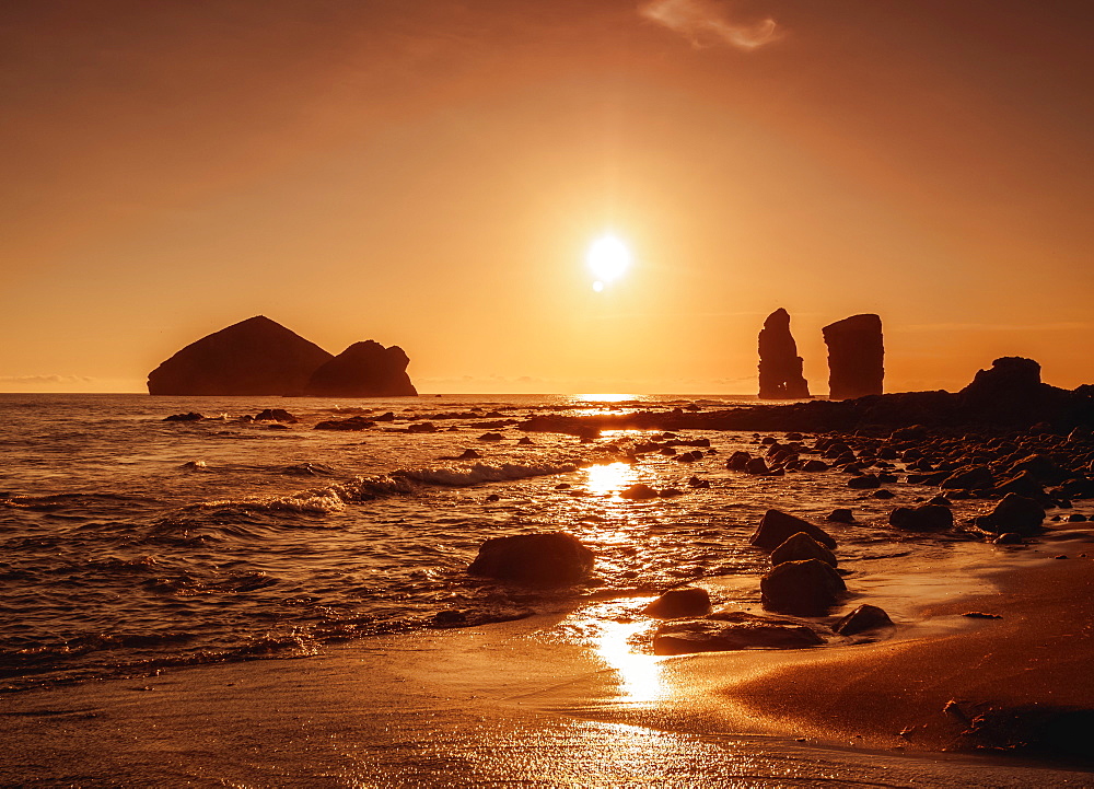 Sunset over the Ilheus dos Mosteiros, Sao Miguel Island, Azores, Portugal, Atlantic, Europe